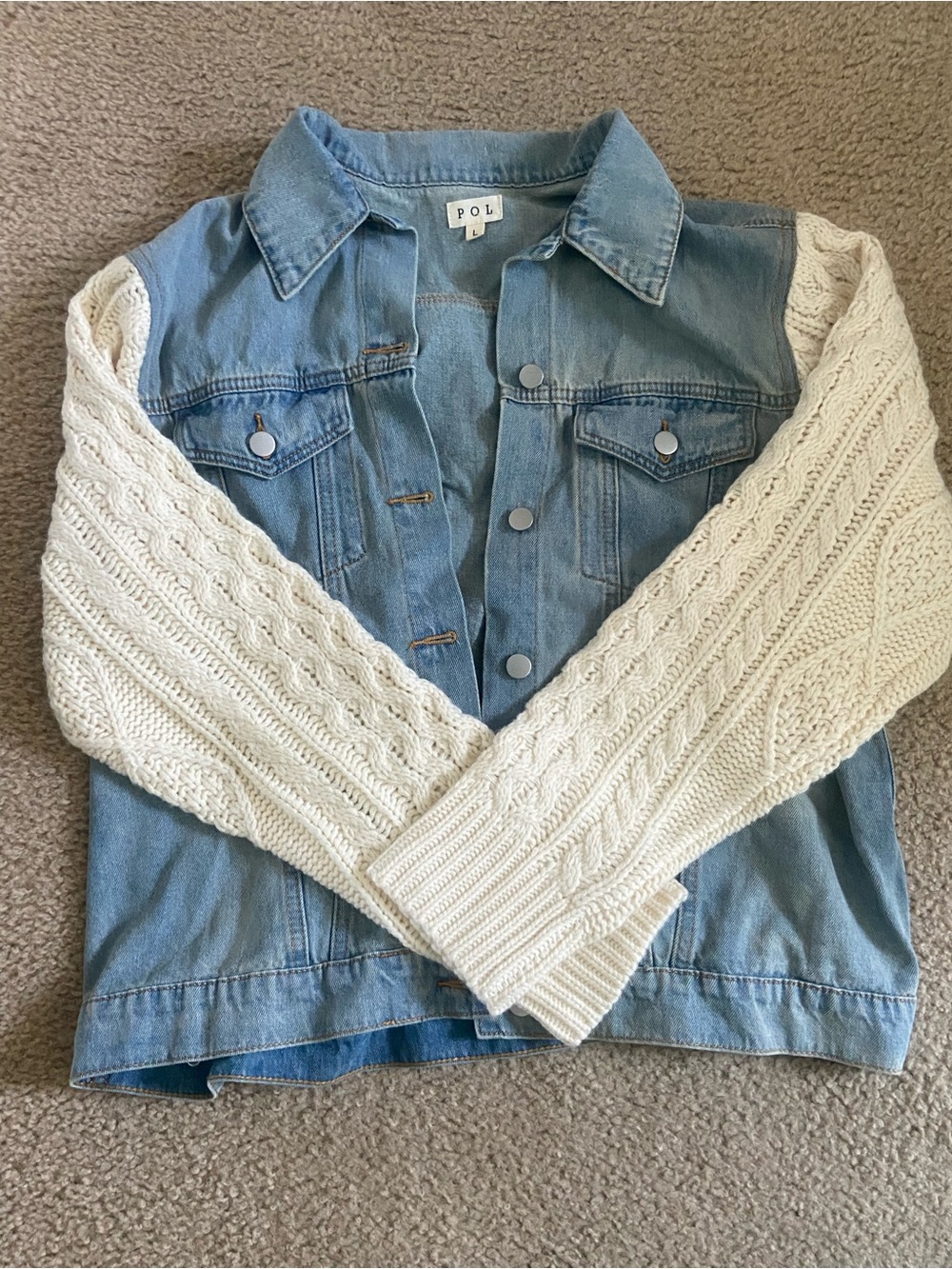 Lauriebelles Boutique POL Light Blue Denim Jacket with Cream Knit Sleeves